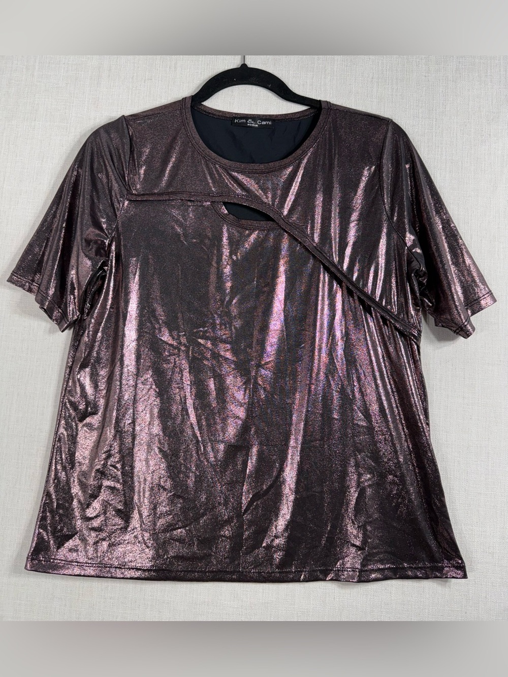 Kim & Cami Iridescent Metallic Short Sleeve Top in Purple